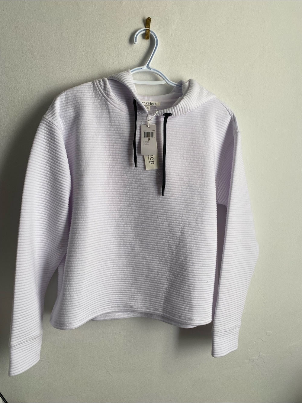 White Ribbed Hoodie with Black Drawstrings